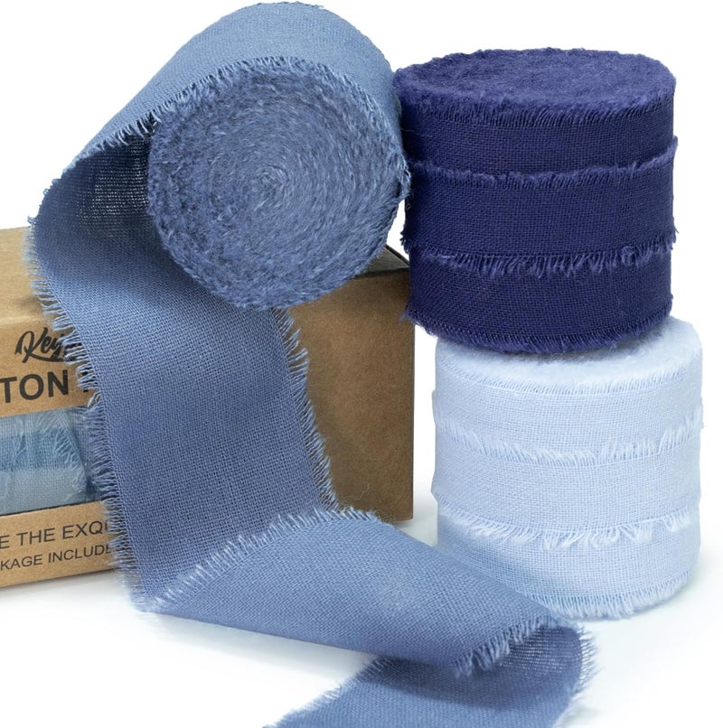 Keypan Blue Ribbon 1-1/2 Inch x 15 Yards Handmade Cotton Frayed Fringe Fabric Ribbons for Crafts Flower Bouquets Wedding Baby Shower Home DIY Decor - Image 1